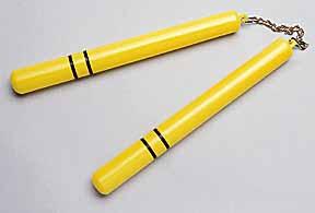 Yellow Plastic Nunchucks with Black Stripes
